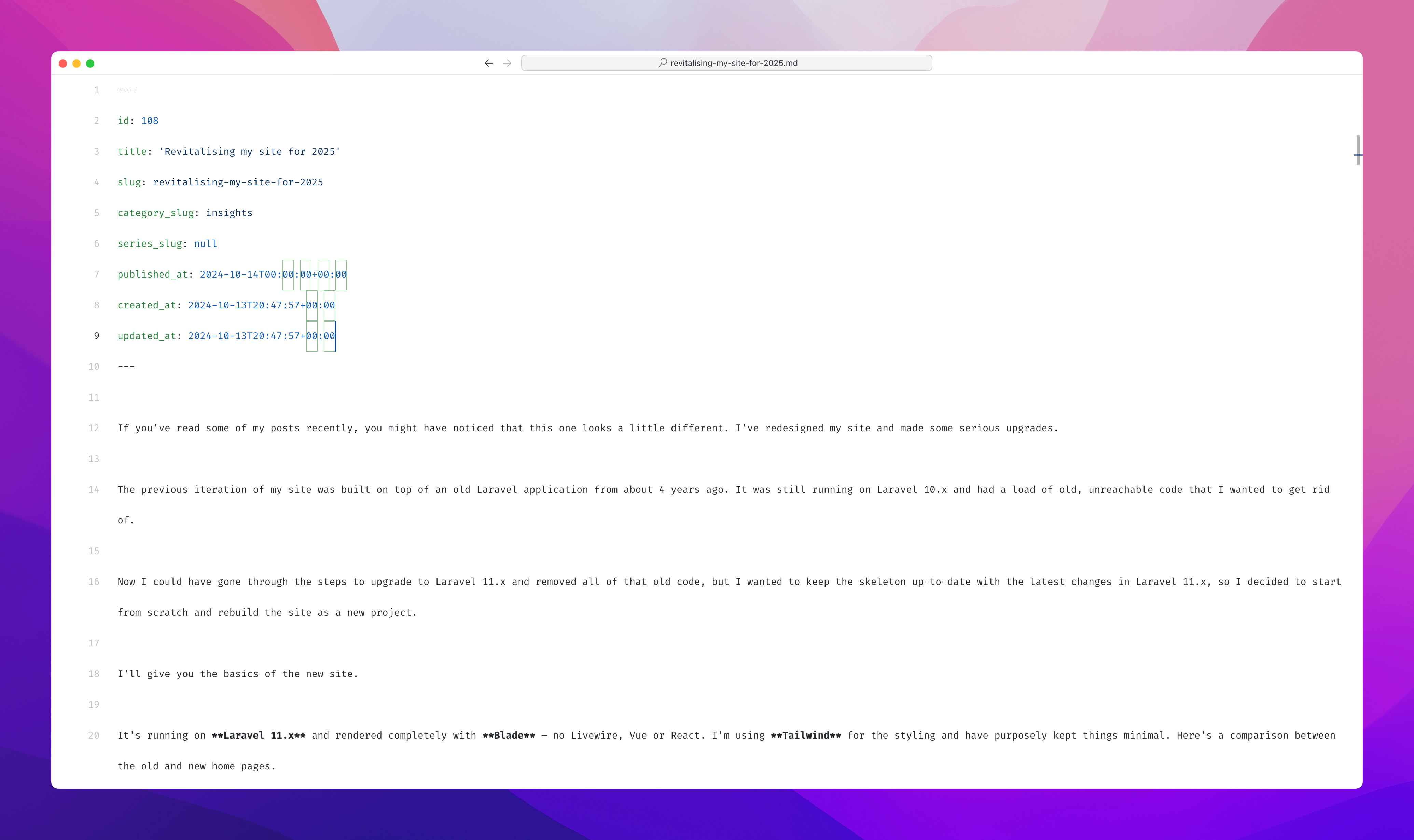 A screenshot of this blog post's Markdown file in my editor.